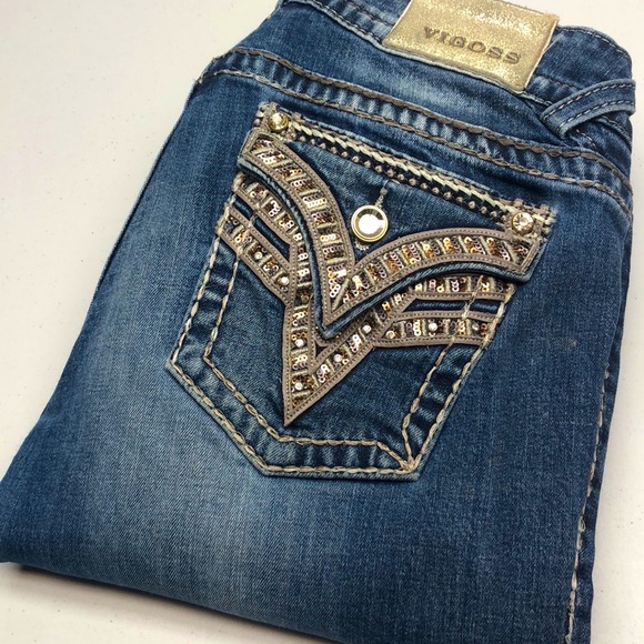 VINTAGE VIGOSS NEW YORK BOOT PREMIUM DENIM 30x33 CRYSTAL & SEQUINS 💎